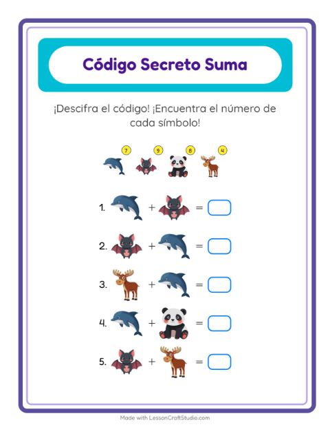 Vista previa de la hoja de Suma Codificada con Animales para jardín infantil