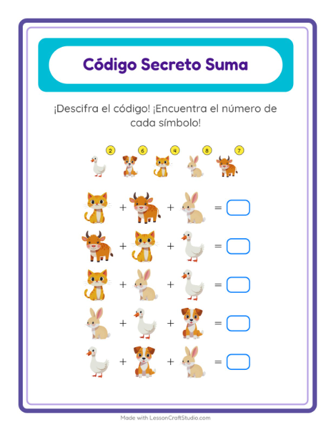 Vista previa de la hoja de Suma Codificada con Animales de granja para jardín infantil