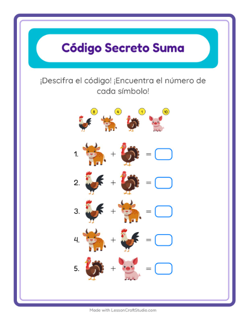 Vista previa de la hoja de Suma Codificada con Animales de granja para jardín infantil