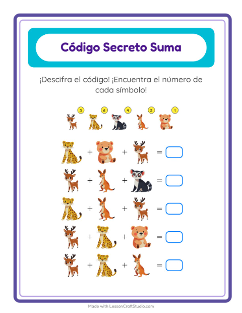 Vista previa de la hoja de Suma Codificada con Animales del zoológico para jardín infantil