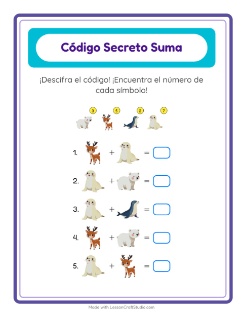 Vista previa de la hoja de Suma Codificada con Animales del zoológico para jardín infantil