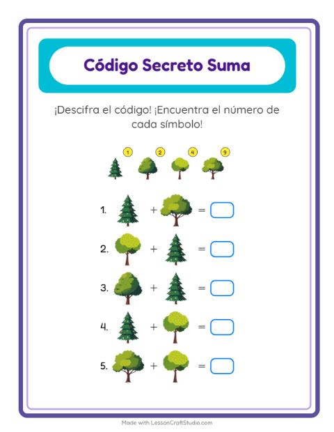 Vista previa de la hoja de Suma Codificada con Árboles para jardín infantil