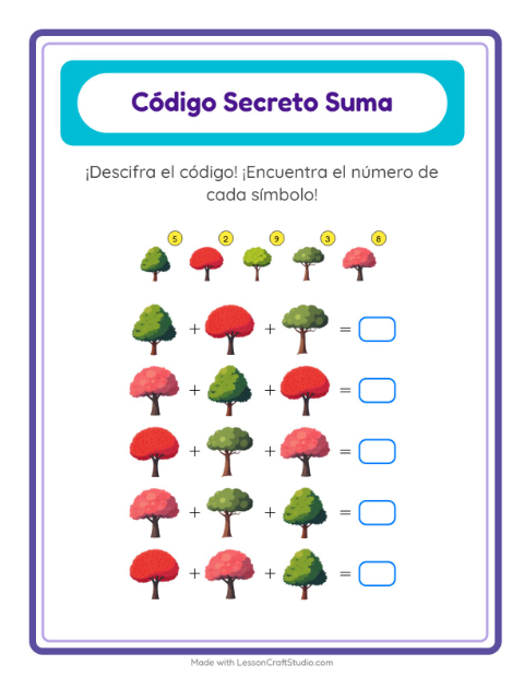 Vista previa de la hoja de Suma Codificada con Árboles para jardín infantil