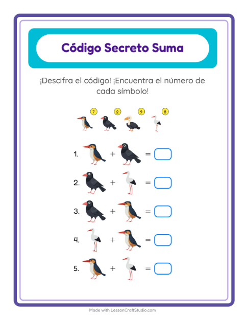 Vista previa de la hoja de Suma Codificada con Aves 2 para jardín infantil