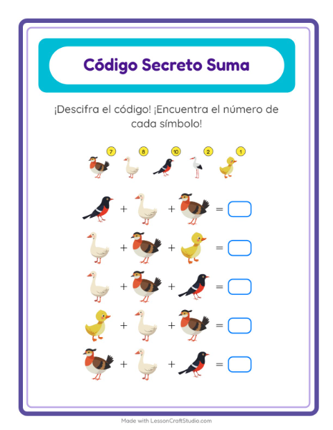 Vista previa de la hoja de Suma Codificada con Aves 2 para jardín infantil