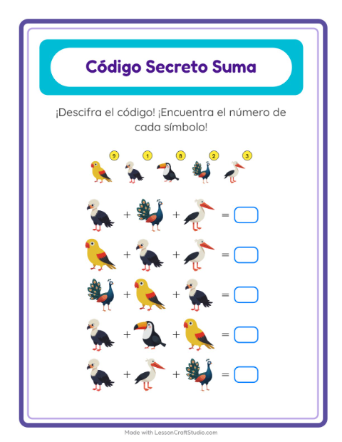 Vista previa de la hoja de Suma Codificada con Aves para jardín infantil