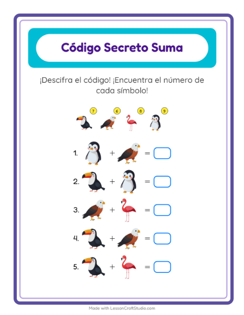 Vista previa de la hoja de Suma Codificada con Aves para jardín infantil