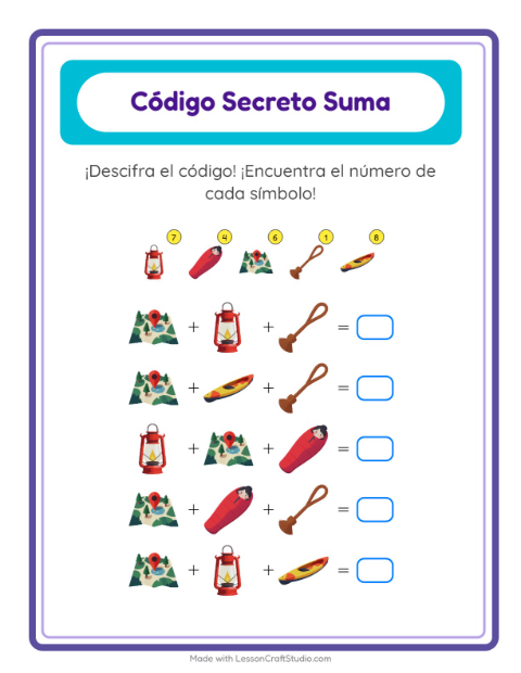 Vista previa de la hoja de Suma Codificada con Campamento para jardín infantil