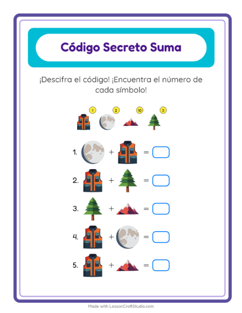 Vista previa de la hoja de Suma Codificada con Campamento para jardín infantil