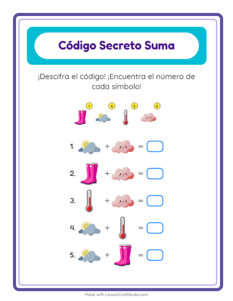 Vista previa de la hoja de Suma Codificada con Clima para jardín infantil