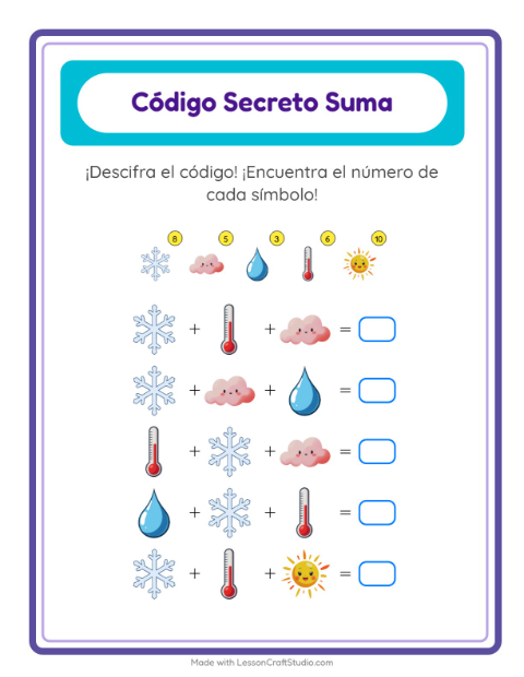 Vista previa de la hoja de Suma Codificada con Clima para jardín infantil
