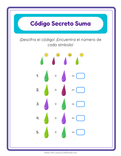 Vista previa de la hoja de Suma Codificada con Colores para jardín infantil
