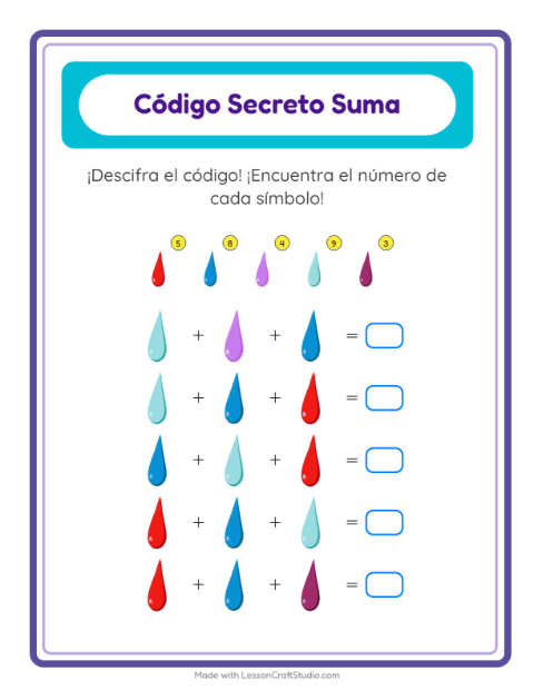 Vista previa de la hoja de Suma Codificada con Colores para jardín infantil