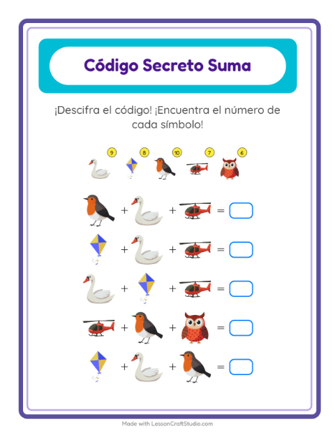 Vista previa de la hoja de Suma Codificada con Cosas que vuelan para jardín infantil