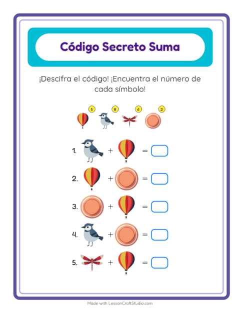 Vista previa de la hoja de Suma Codificada con Cosas que vuelan para jardín infantil