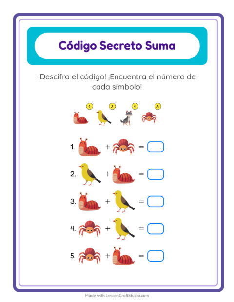 Vista previa de la hoja de Suma Codificada con Criaturas del bosque para jardín infantil