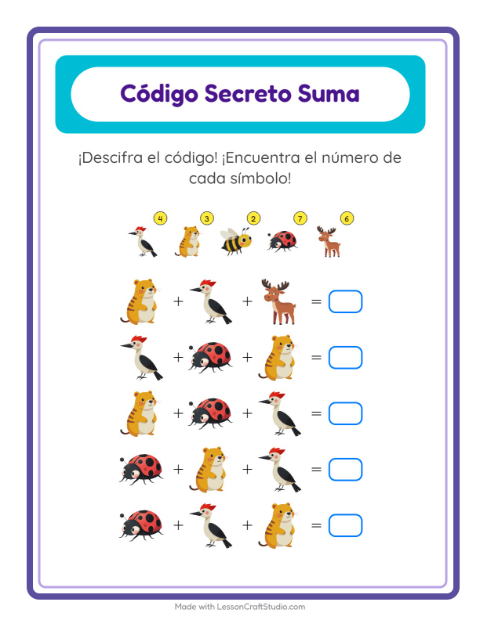 Vista previa de la hoja de Suma Codificada con Criaturas del bosque para jardín infantil