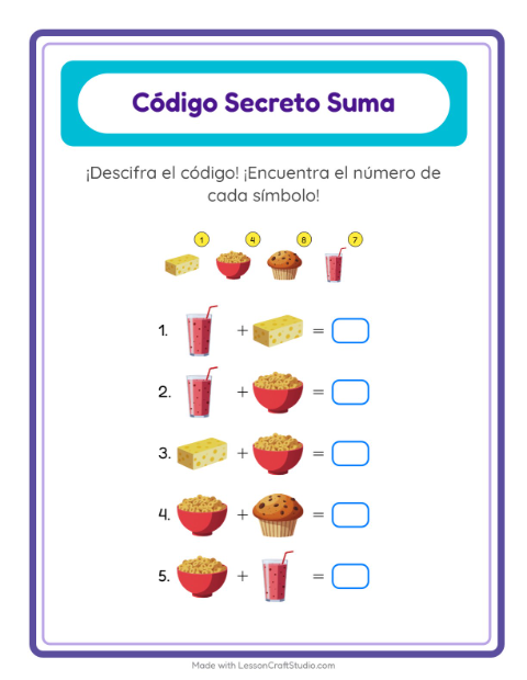 Vista previa de la hoja de Suma Codificada con Desayuno para jardín infantil