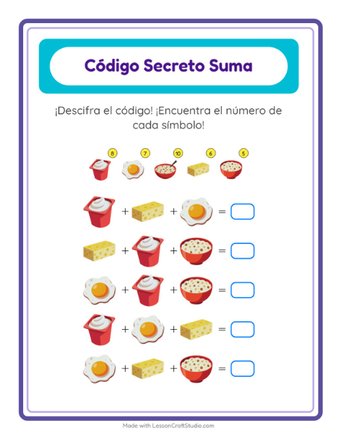 Vista previa de la hoja de Suma Codificada con Desayuno para jardín infantil