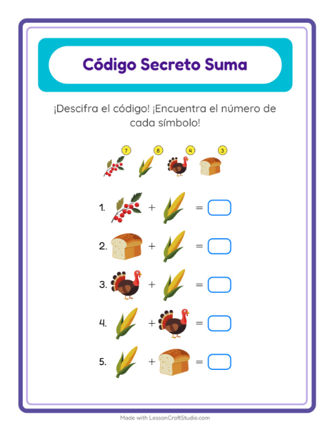 Vista previa de la hoja de Suma Codificada con Día de Acción de Gracias para jardín infantil