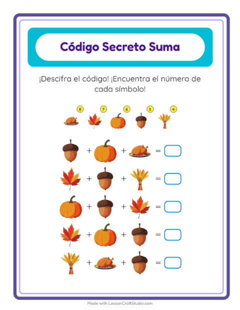 Vista previa de la hoja de Suma Codificada con Día de Acción de Gracias para jardín infantil
