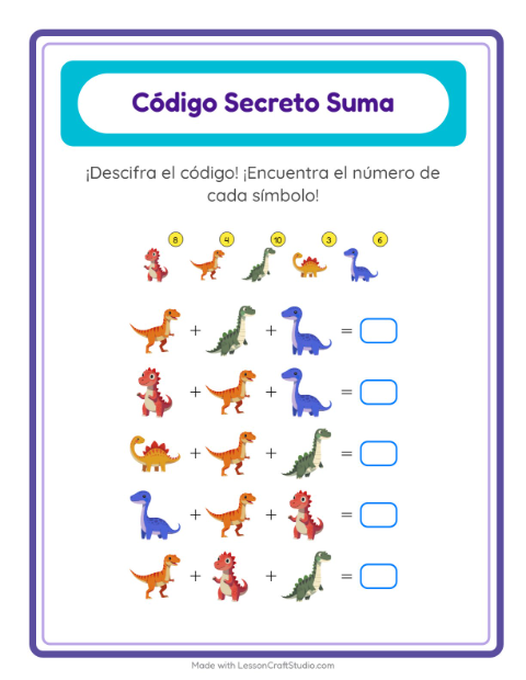 Vista previa de la hoja de Suma Codificada con Dinosaurios para jardín infantil