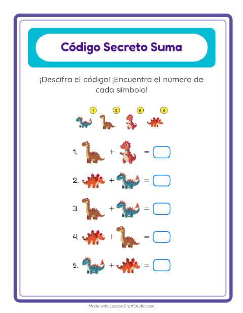 Vista previa de la hoja de Suma Codificada con Dinosaurios para jardín infantil