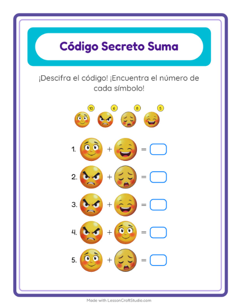 Vista previa de la hoja de Suma Codificada con Emociones para jardín infantil