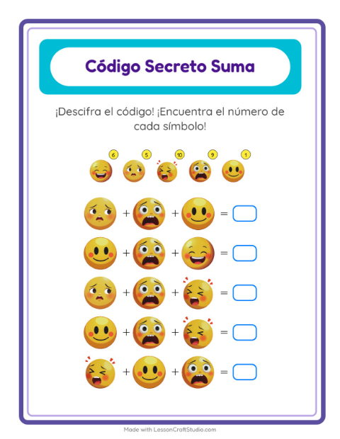 Vista previa de la hoja de Suma Codificada con Emociones para jardín infantil