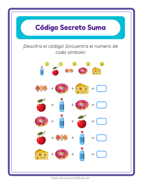 Vista previa de la hoja de Suma Codificada con En el supermercado para jardín infantil