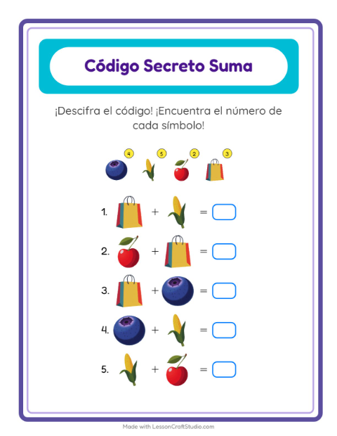 Vista previa de la hoja de Suma Codificada con En el supermercado para jardín infantil