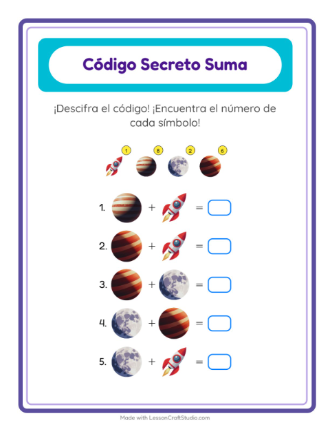 Vista previa de la hoja de Suma Codificada con Espacio para jardín infantil