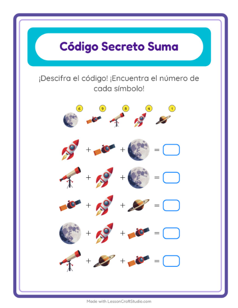 Vista previa de la hoja de Suma Codificada con Espacio para jardín infantil
