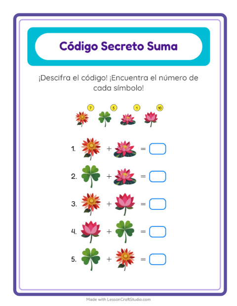 Vista previa de la hoja de Suma Codificada con Flores para jardín infantil