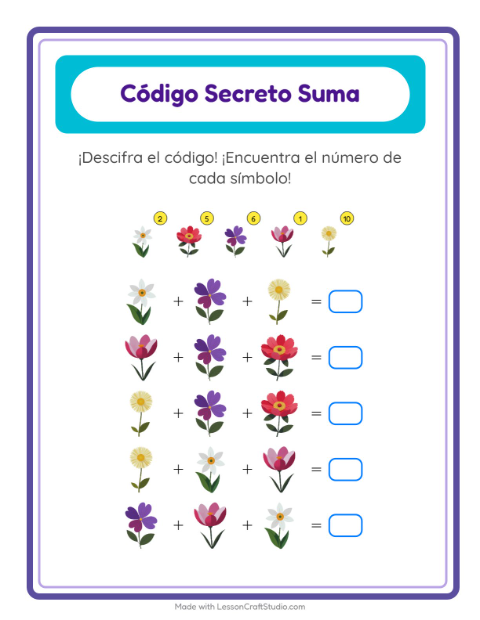 Vista previa de la hoja de Suma Codificada con Flores para jardín infantil