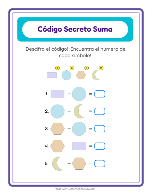 Vista previa de la hoja de Suma Codificada con Formas para jardín infantil