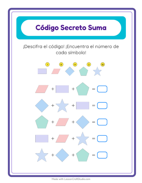 Vista previa de la hoja de Suma Codificada con Formas para jardín infantil