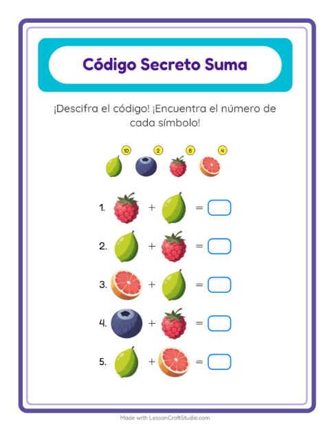 Vista previa de la hoja de Suma Codificada con Frutas para jardín infantil