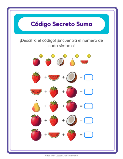 Vista previa de la hoja de Suma Codificada con Frutas para jardín infantil