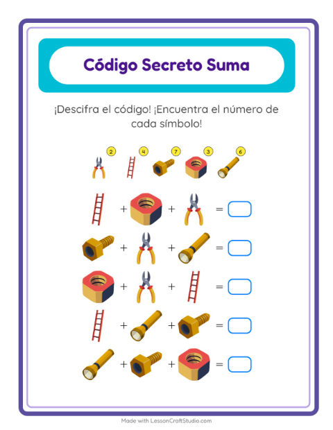 Vista previa de la hoja de Suma Codificada con Herramientas para jardín infantil