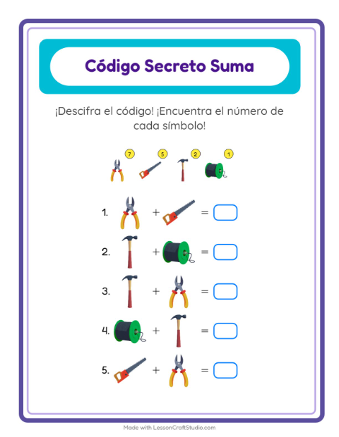 Vista previa de la hoja de Suma Codificada con Herramientas para jardín infantil