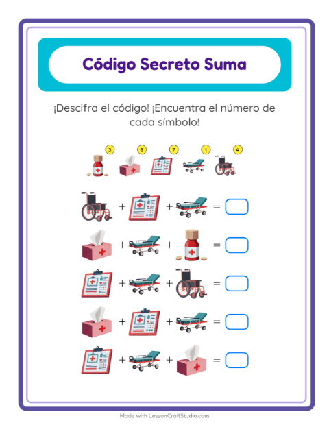 Vista previa de la hoja de Suma Codificada con Hospital para jardín infantil