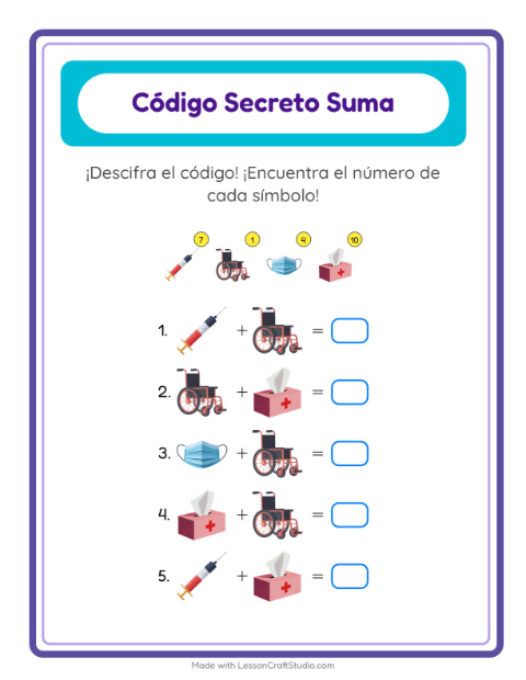 Vista previa de la hoja de Suma Codificada con Hospital para jardín infantil