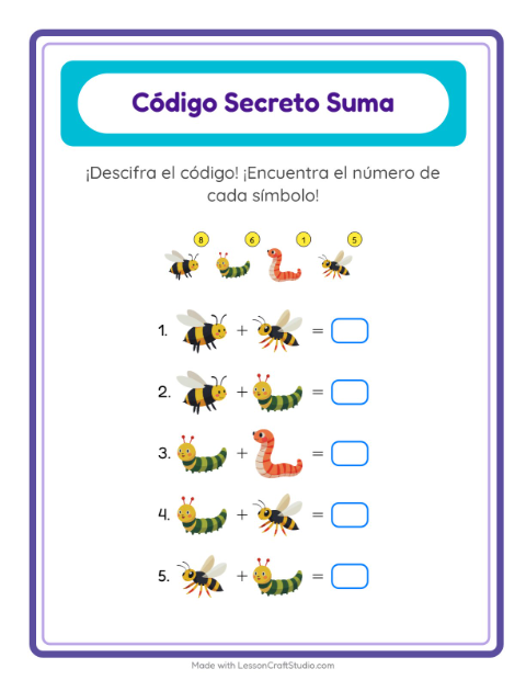 Vista previa de la hoja de Suma Codificada con Insectos y bichos para jardín infantil