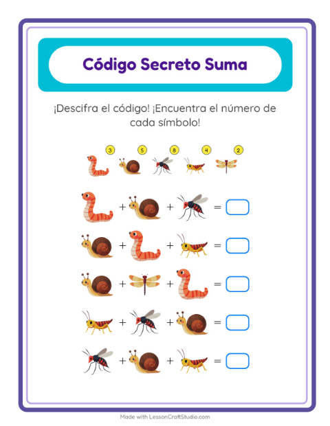 Vista previa de la hoja de Suma Codificada con Insectos y bichos para jardín infantil
