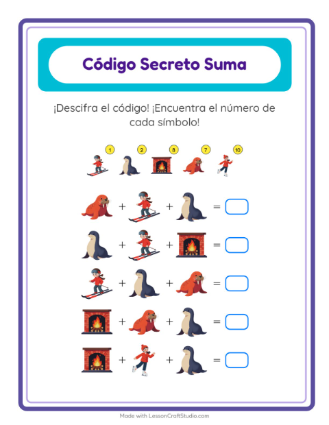 Vista previa de la hoja de Suma Codificada con Invierno para jardín infantil