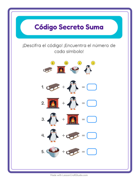 Vista previa de la hoja de Suma Codificada con Invierno para jardín infantil