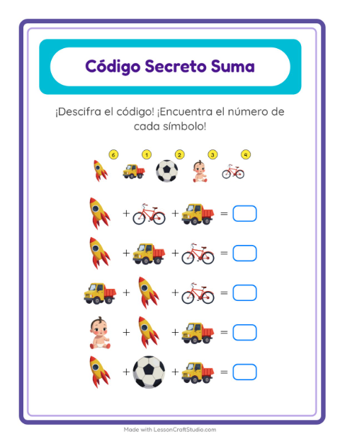 Vista previa de la hoja de Suma Codificada con Juguetes para jardín infantil