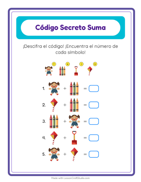 Vista previa de la hoja de Suma Codificada con Juguetes para jardín infantil