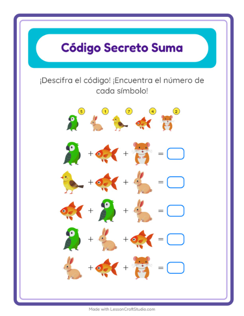 Vista previa de la hoja de Suma Codificada con Mascotas para jardín infantil